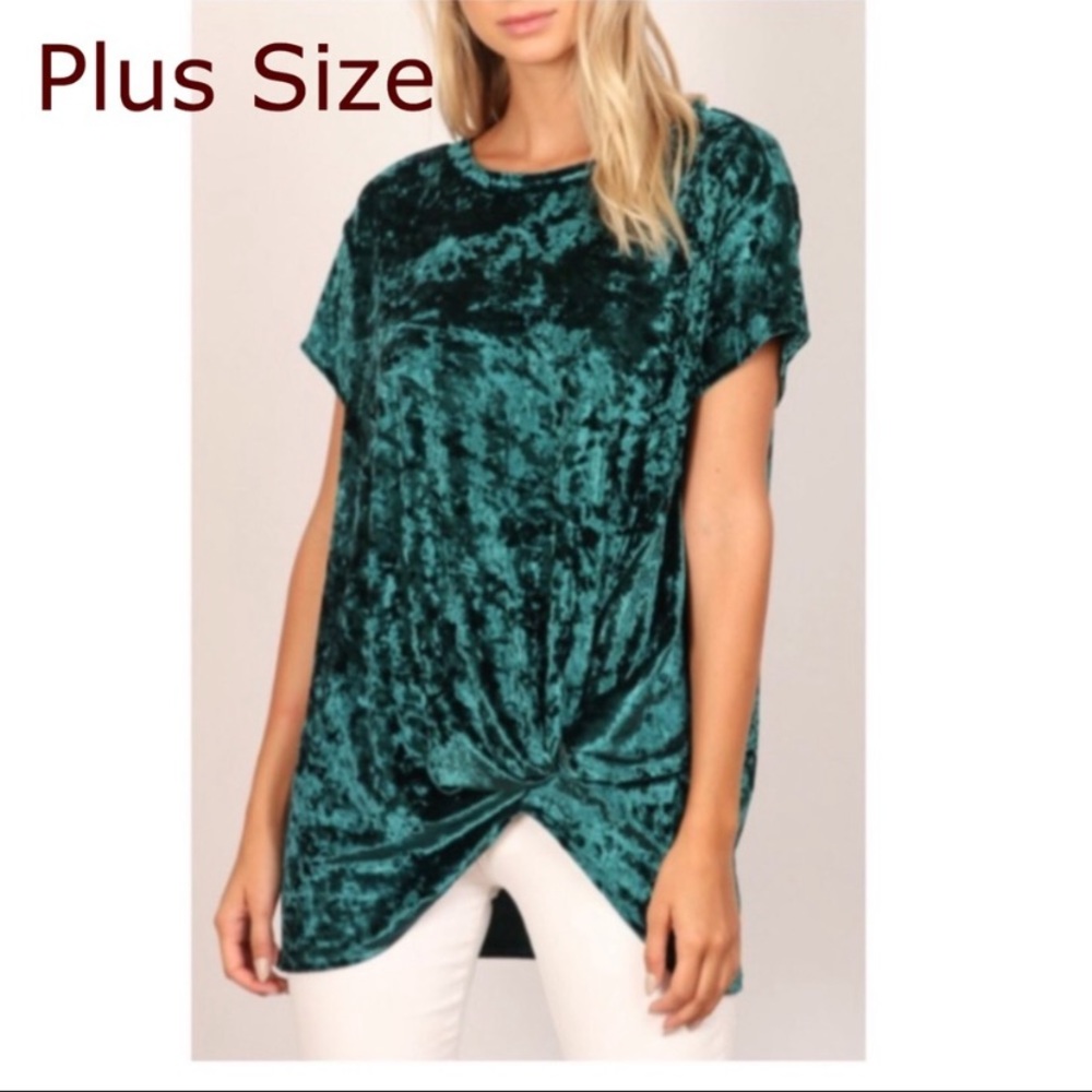 New Hunter Green Short Sleeve Velvet Fall/Holiday Women’s Top With Knotted Hem